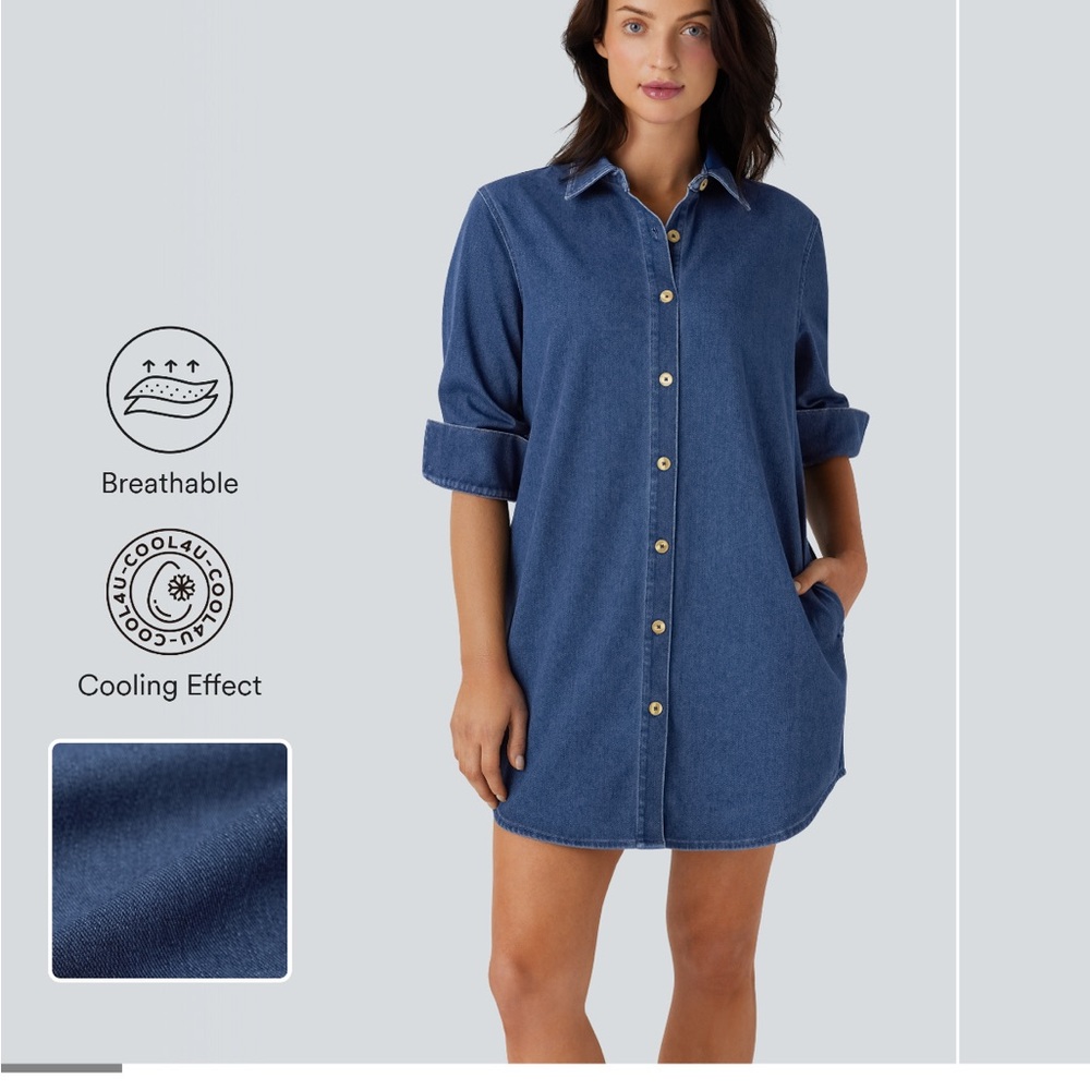 HALARA Blue Denim Shirt Dress